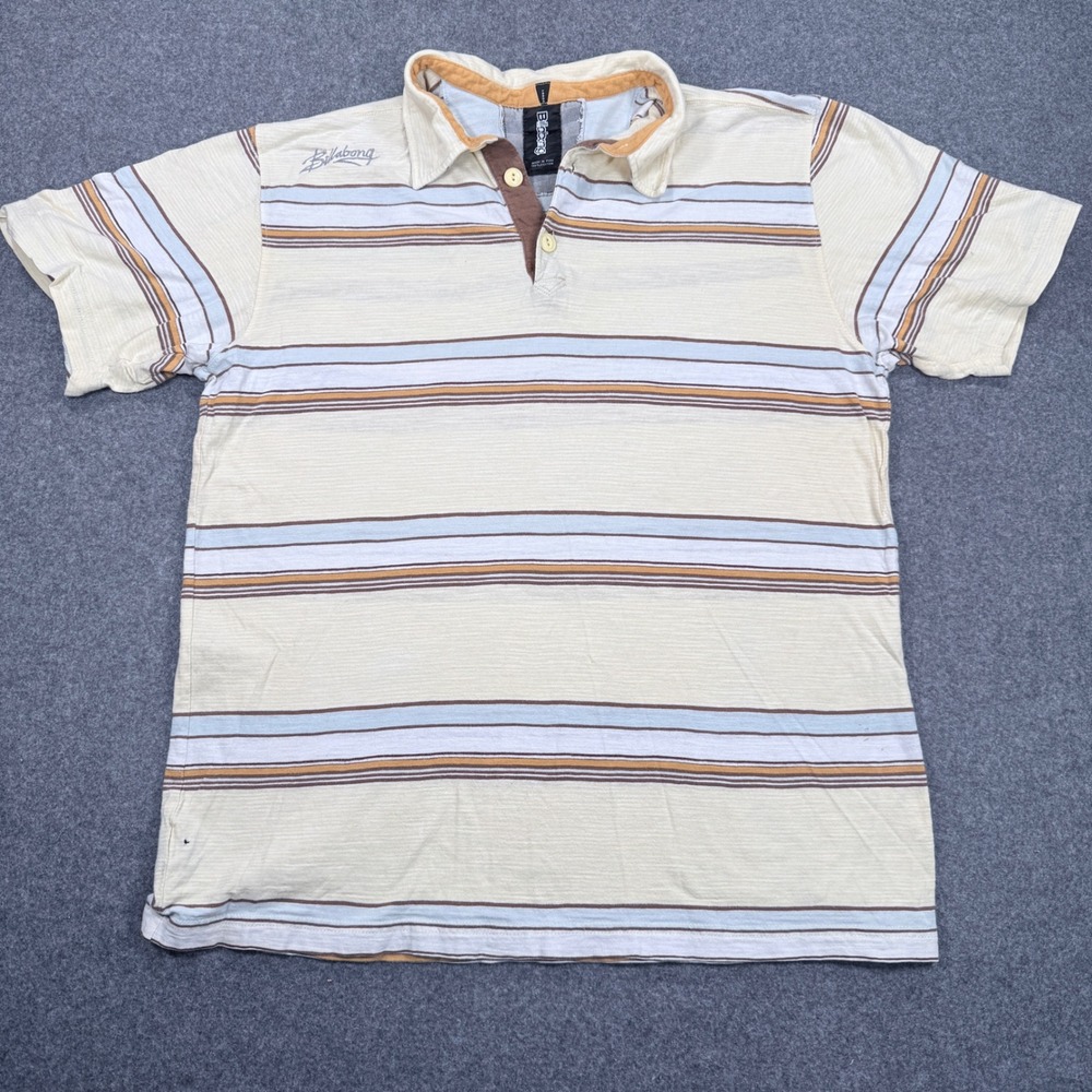 Billabong Mens Large Polo Shirt Short Sleeve Striped Cotton Cream Brown Blue